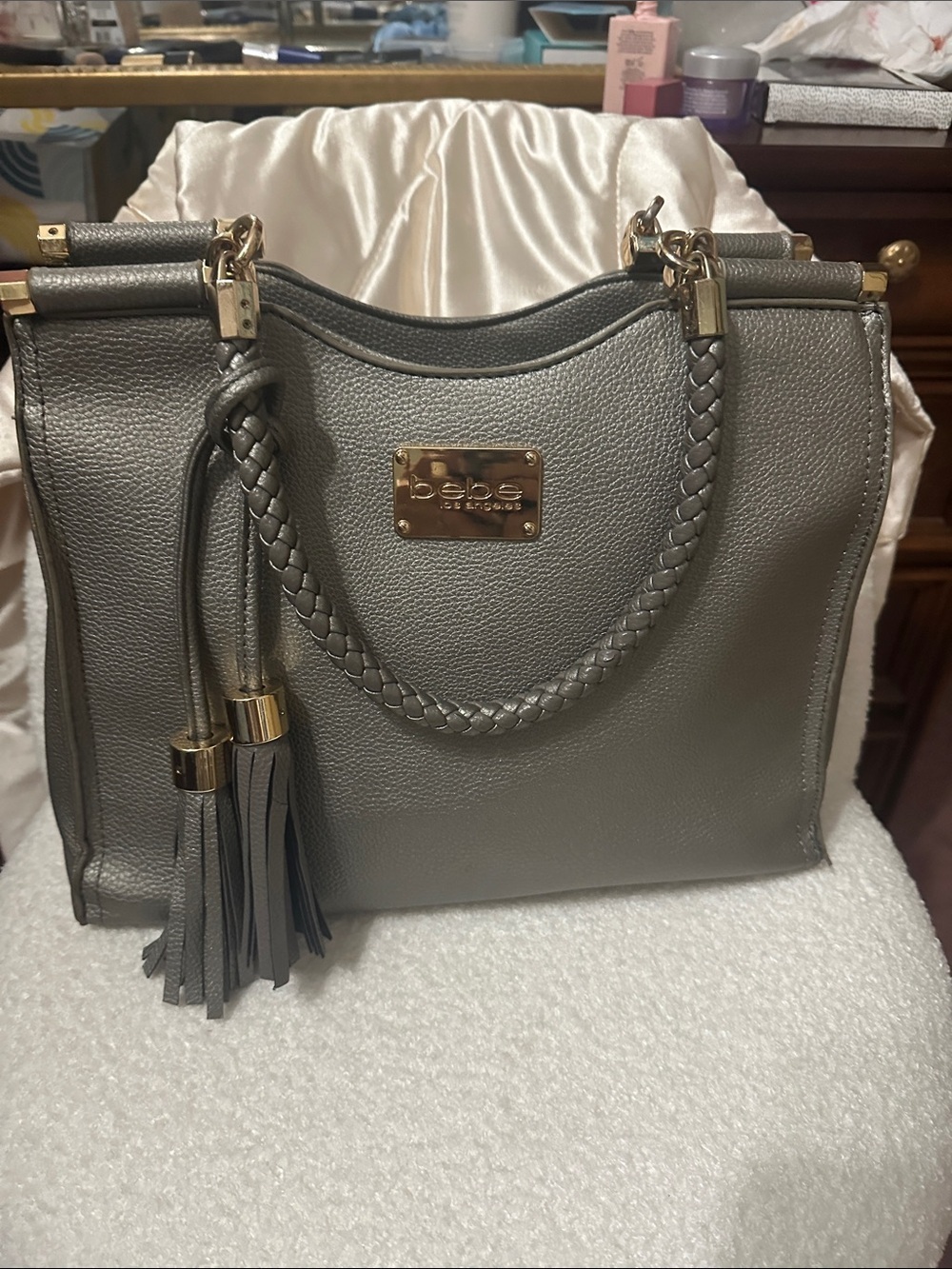 bebe Silver Metallic Natalie Tote with Braided Handles and Tassels